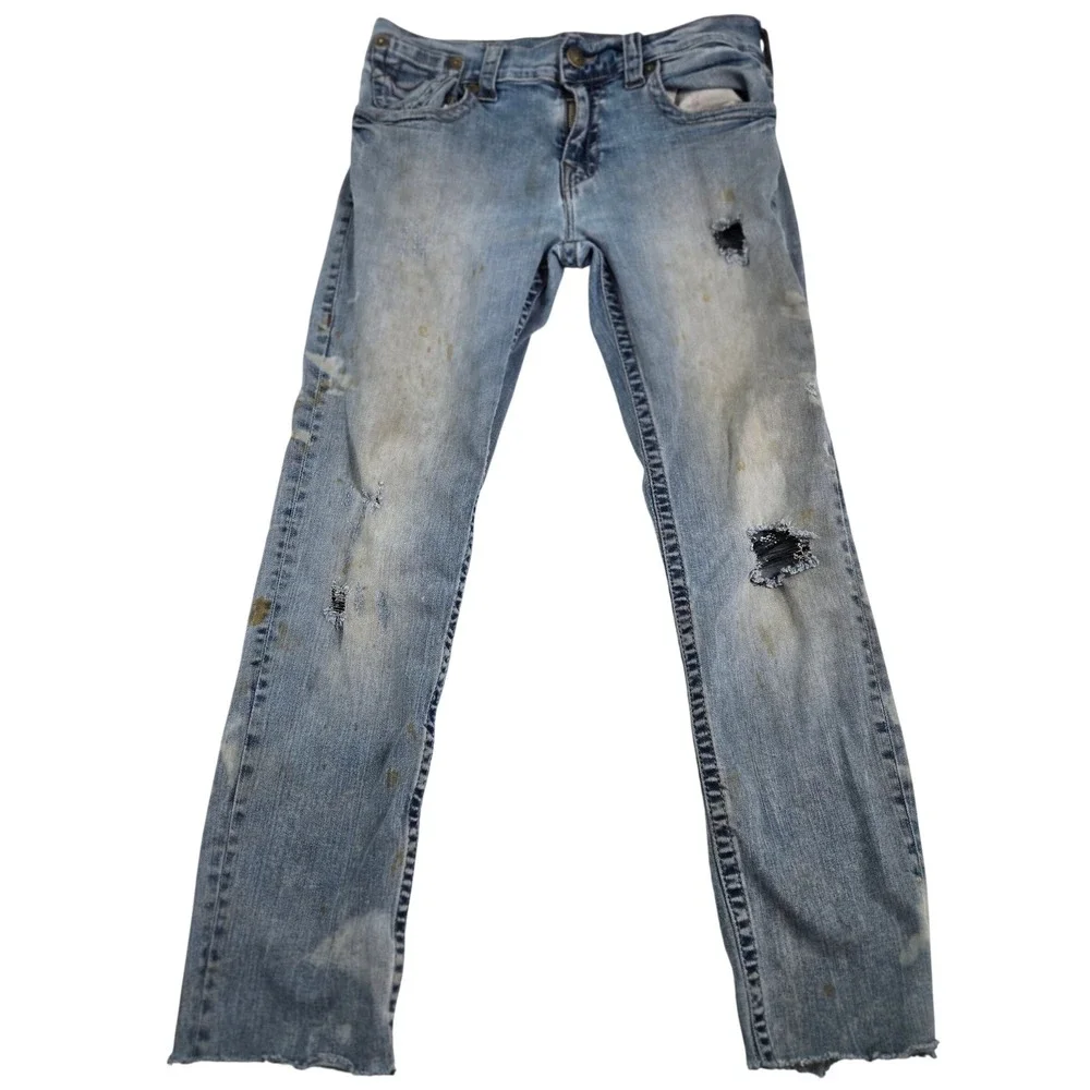 True Religion Rocco Jeans Mens 31 Thrashed Paint Splat Relaxed Skinny Blue Denim